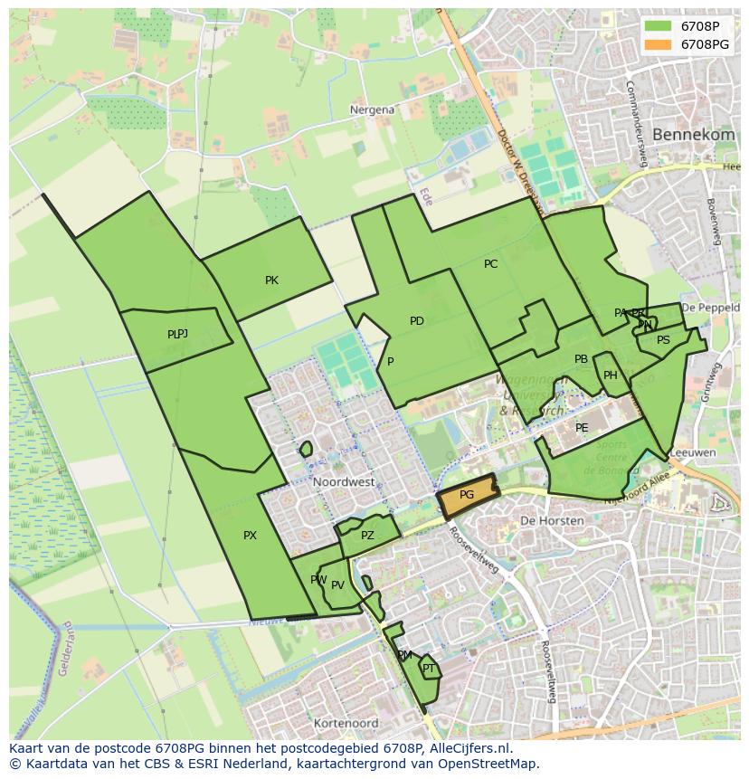 Afbeelding van het postcodegebied 6708 PG op de kaart.