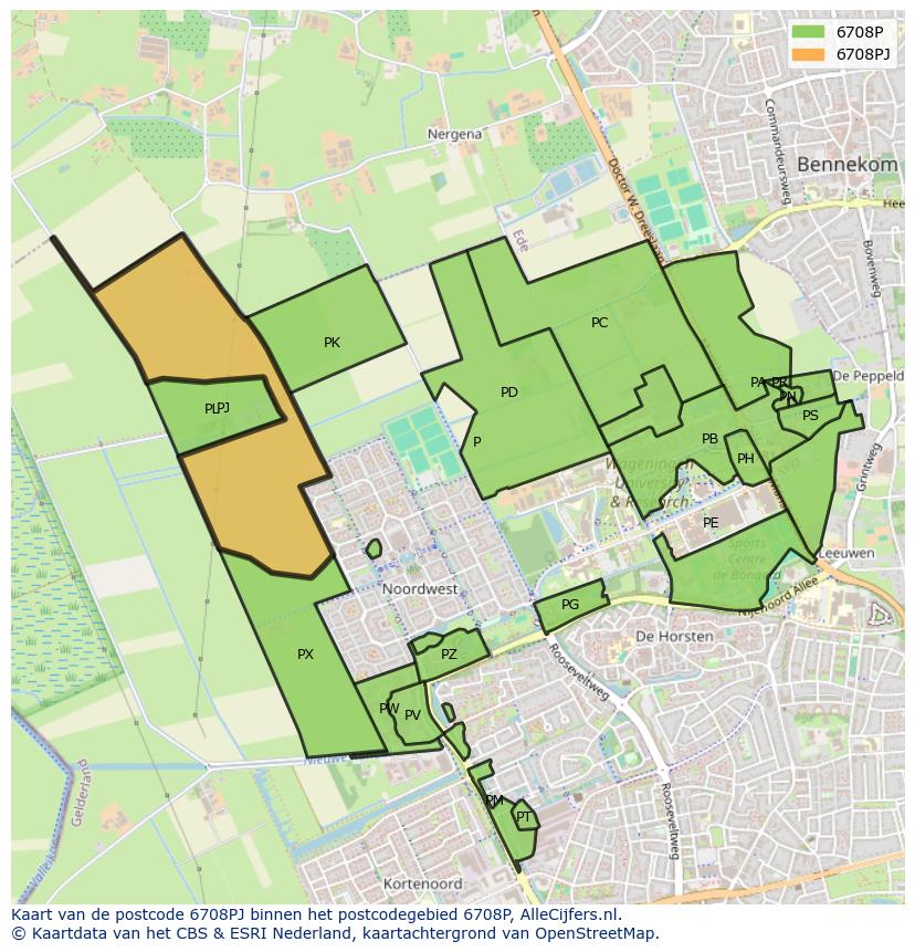 Afbeelding van het postcodegebied 6708 PJ op de kaart.