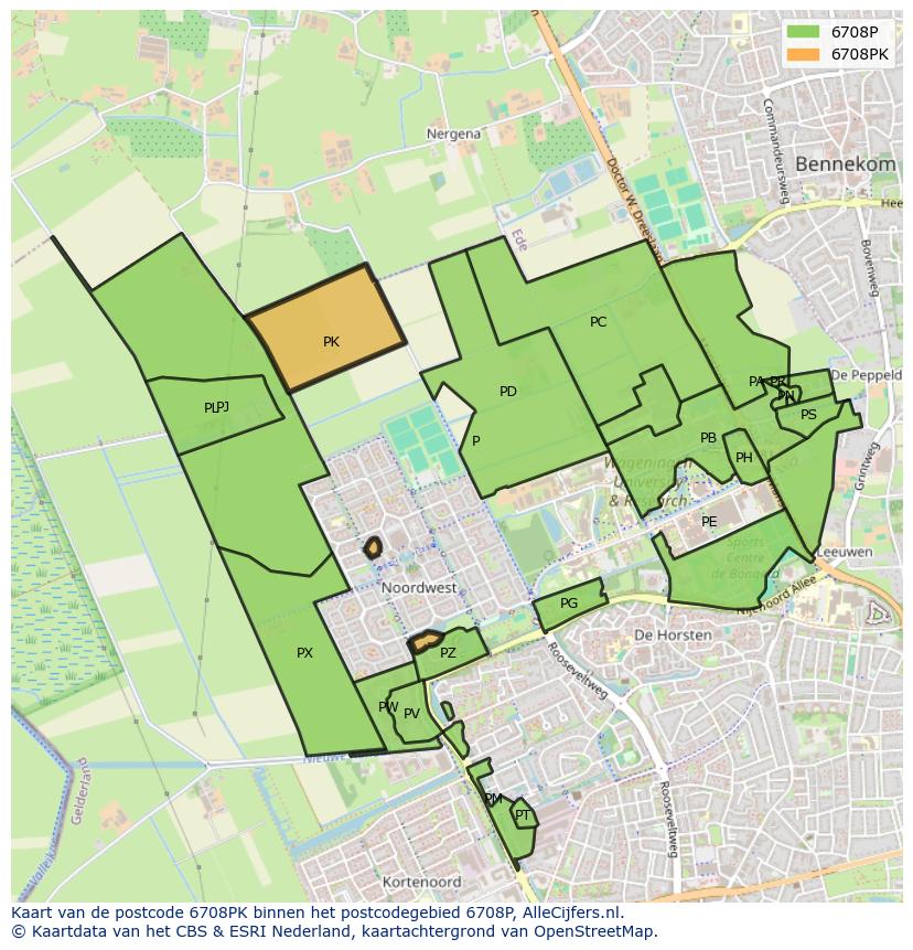 Afbeelding van het postcodegebied 6708 PK op de kaart.