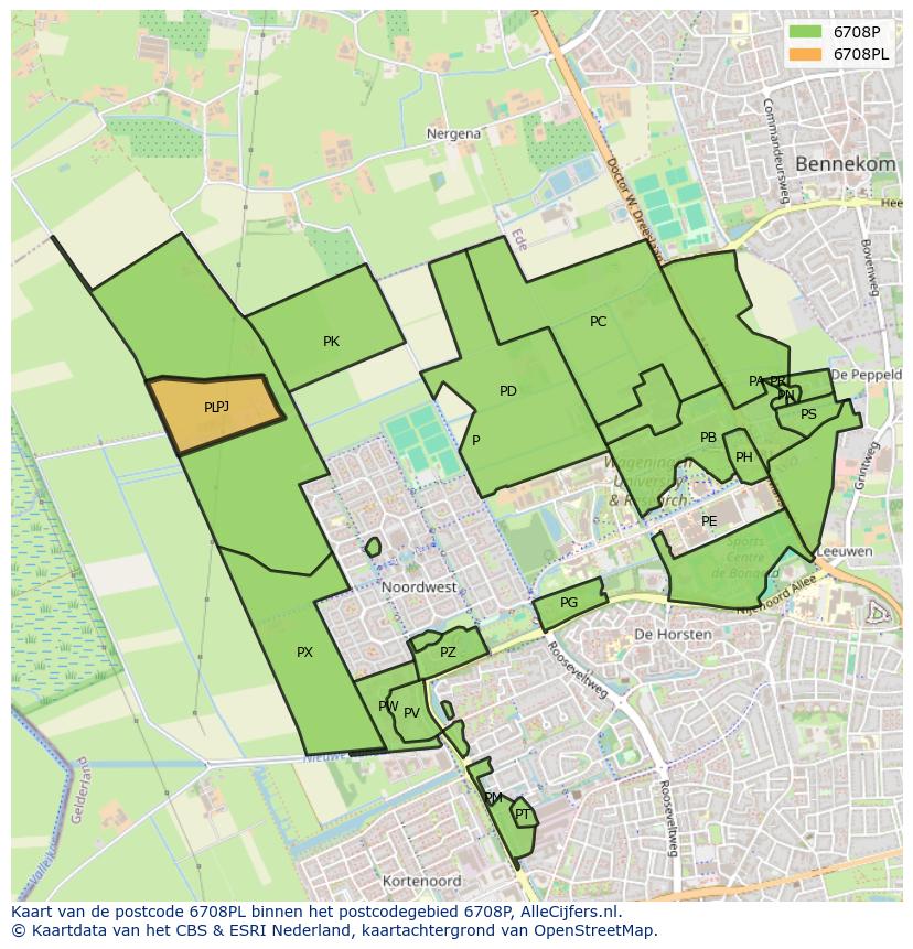 Afbeelding van het postcodegebied 6708 PL op de kaart.