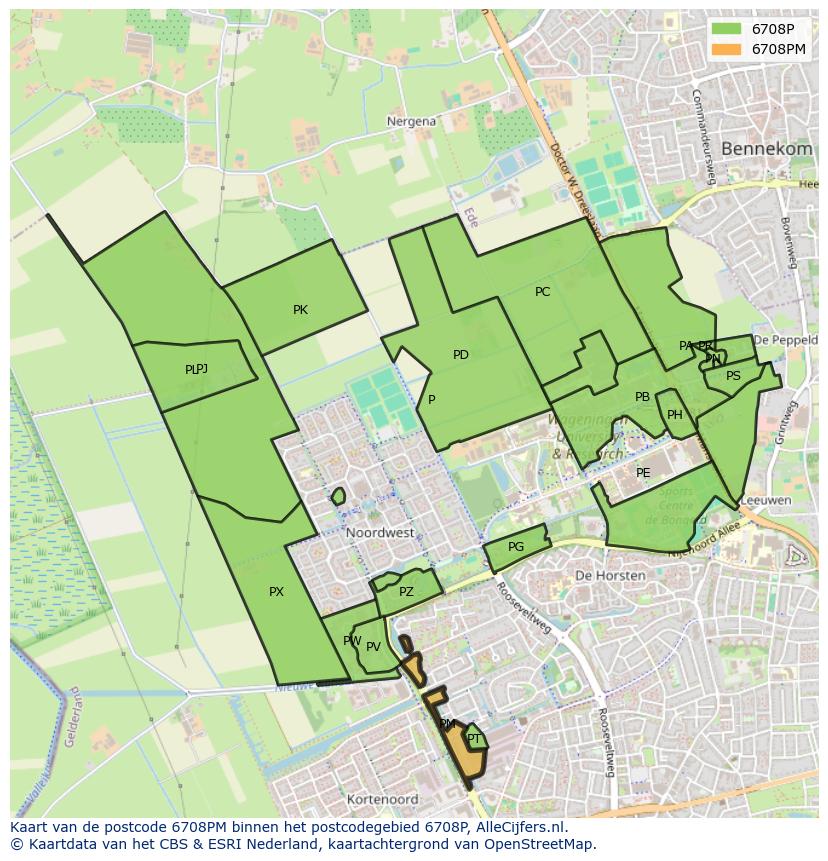 Afbeelding van het postcodegebied 6708 PM op de kaart.