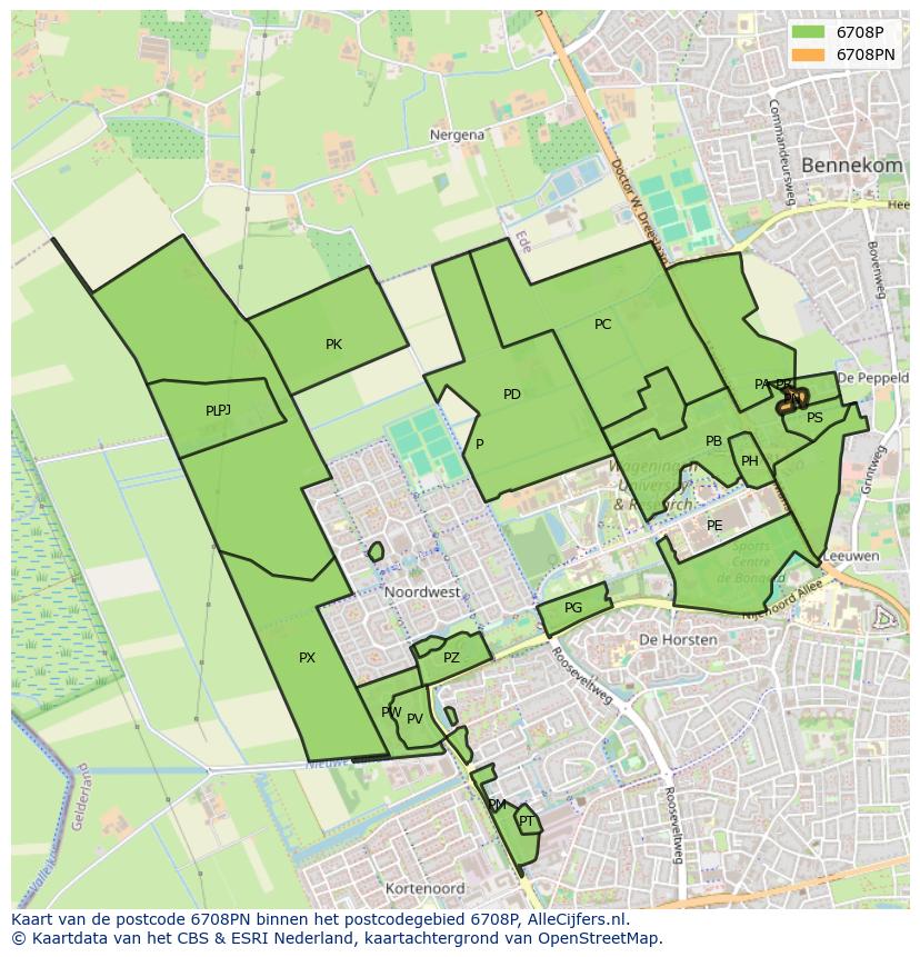 Afbeelding van het postcodegebied 6708 PN op de kaart.
