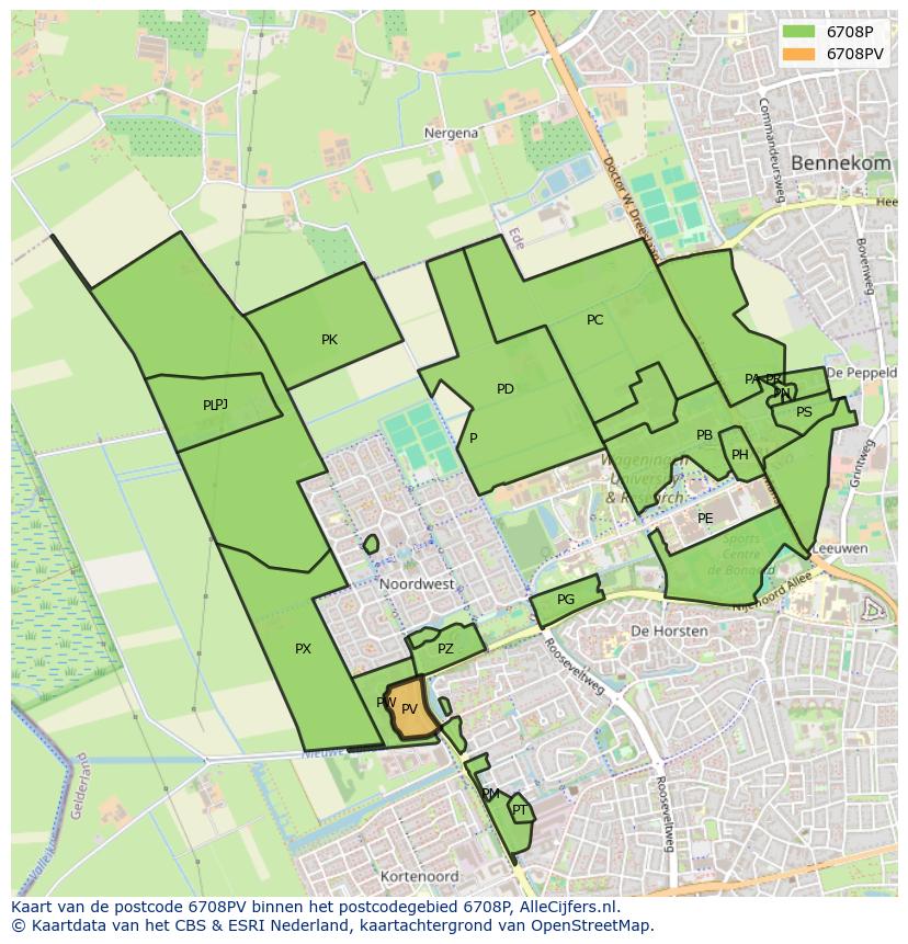 Afbeelding van het postcodegebied 6708 PV op de kaart.