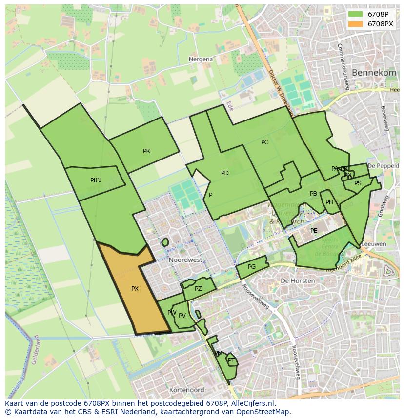 Afbeelding van het postcodegebied 6708 PX op de kaart.