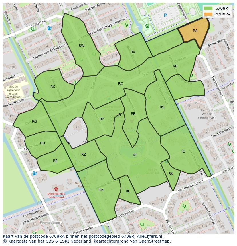 Afbeelding van het postcodegebied 6708 RA op de kaart.