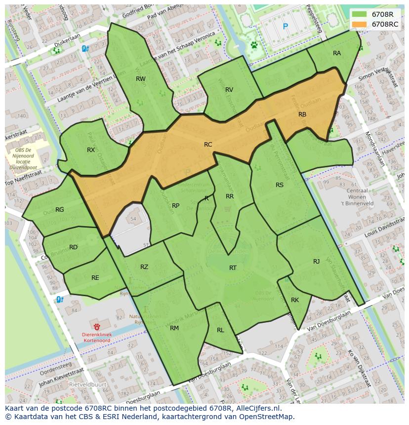 Afbeelding van het postcodegebied 6708 RC op de kaart.