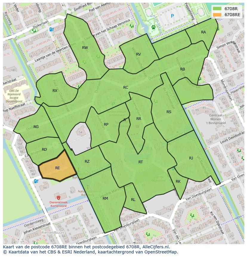 Afbeelding van het postcodegebied 6708 RE op de kaart.