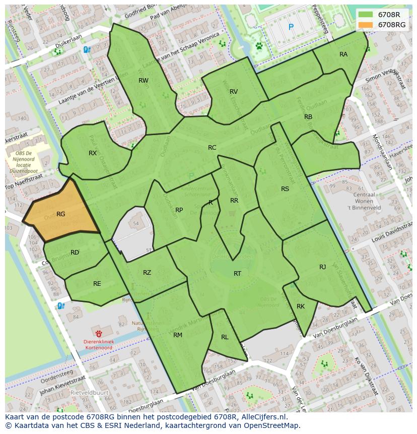 Afbeelding van het postcodegebied 6708 RG op de kaart.