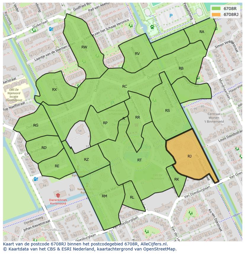 Afbeelding van het postcodegebied 6708 RJ op de kaart.