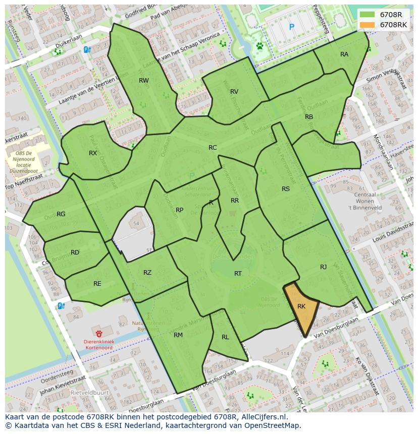 Afbeelding van het postcodegebied 6708 RK op de kaart.