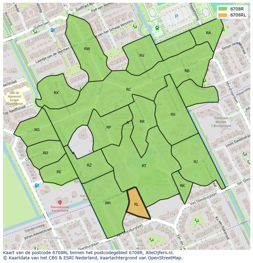 Afbeelding van het postcodegebied 6708 RL op de kaart.