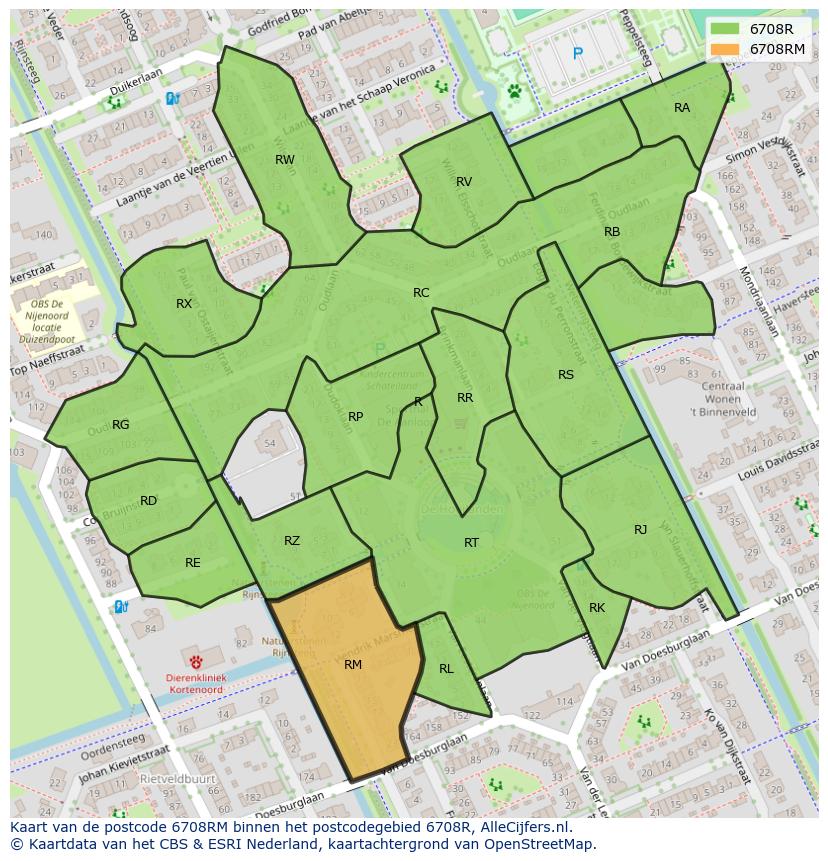 Afbeelding van het postcodegebied 6708 RM op de kaart.