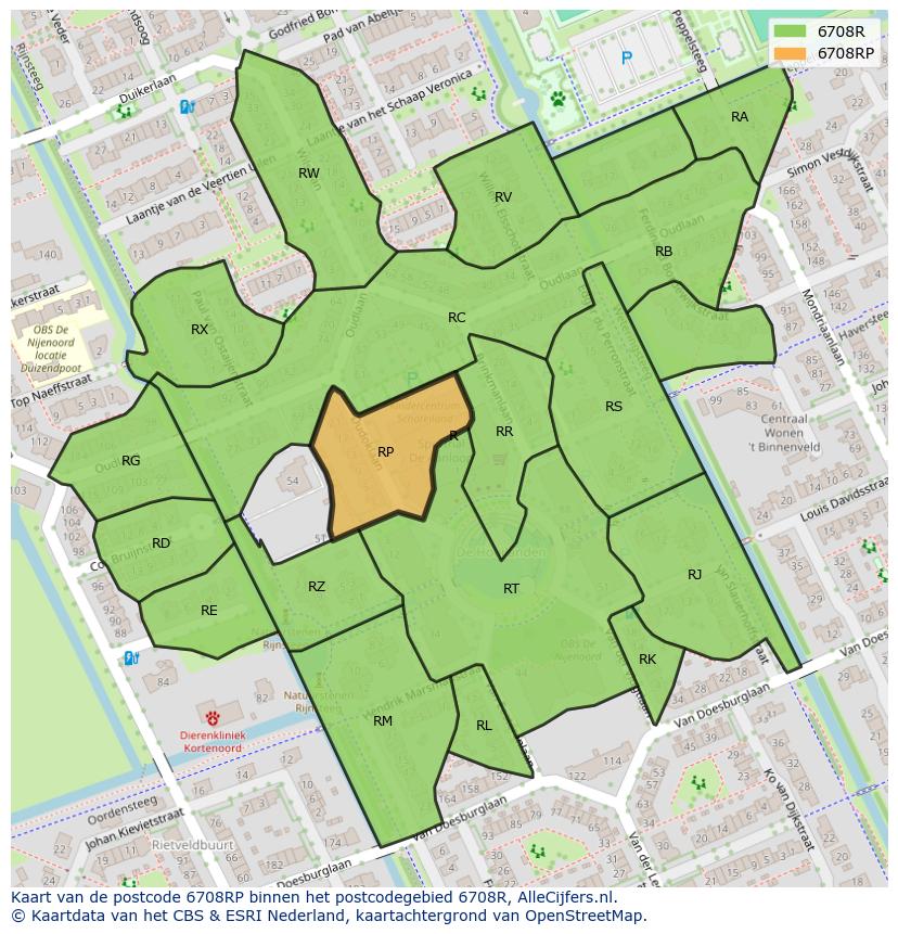 Afbeelding van het postcodegebied 6708 RP op de kaart.