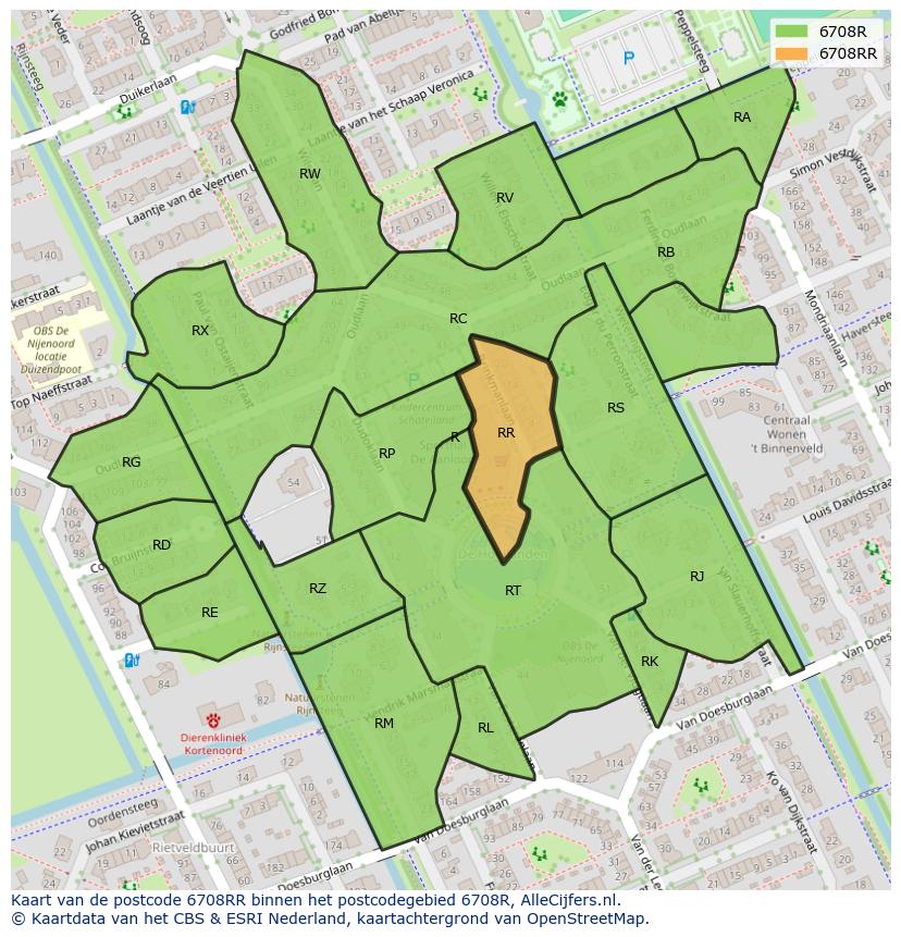 Afbeelding van het postcodegebied 6708 RR op de kaart.