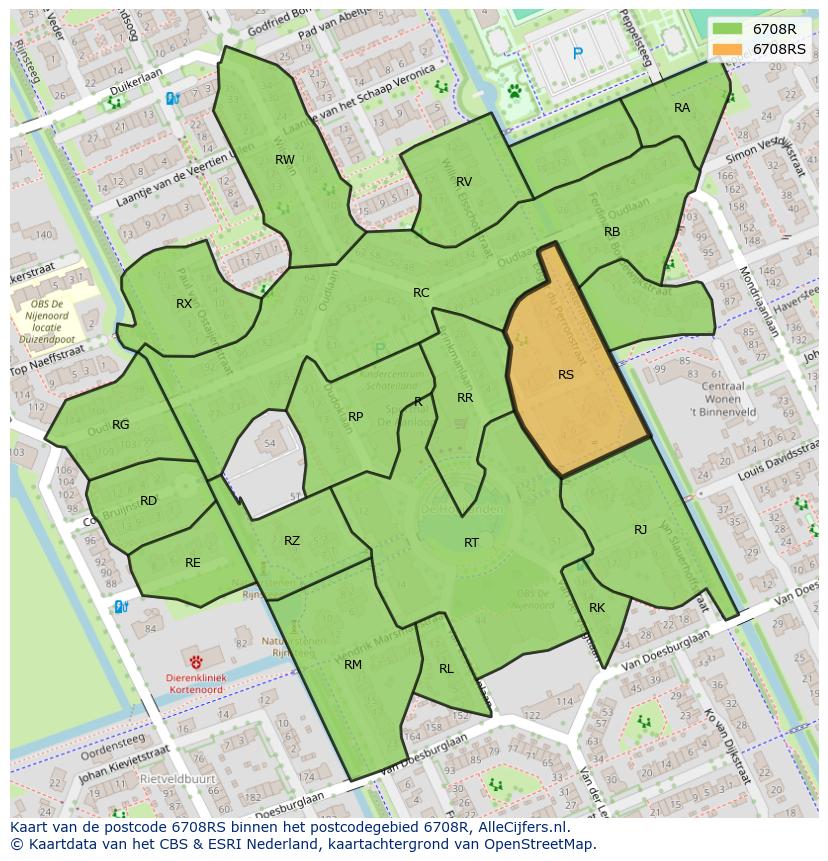 Afbeelding van het postcodegebied 6708 RS op de kaart.