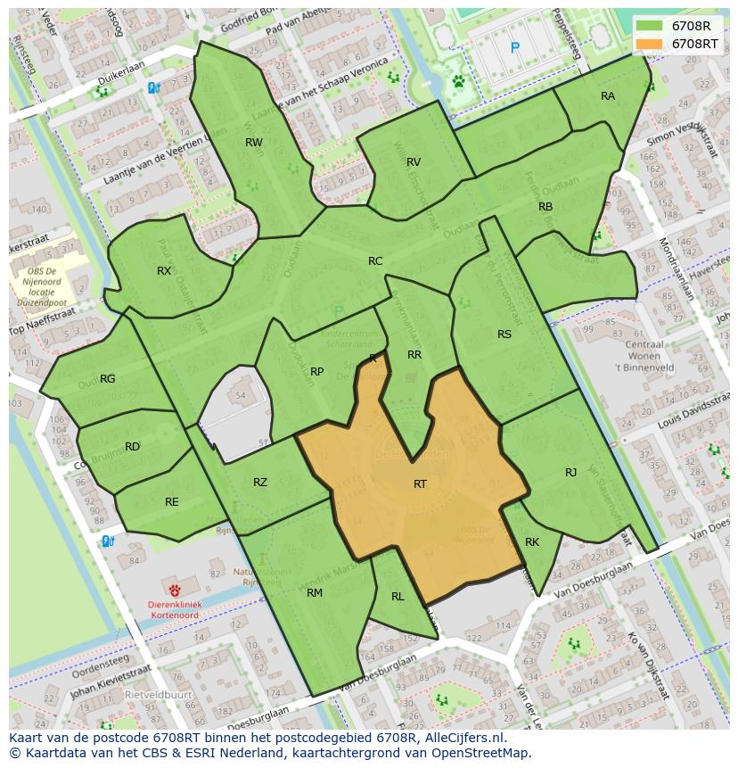 Afbeelding van het postcodegebied 6708 RT op de kaart.