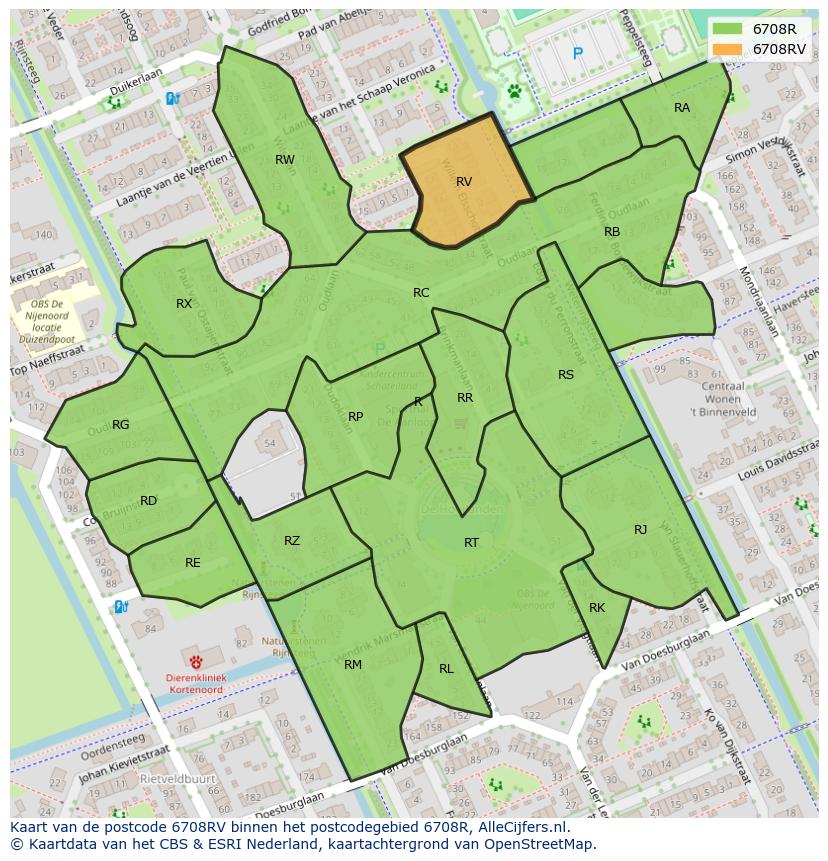 Afbeelding van het postcodegebied 6708 RV op de kaart.