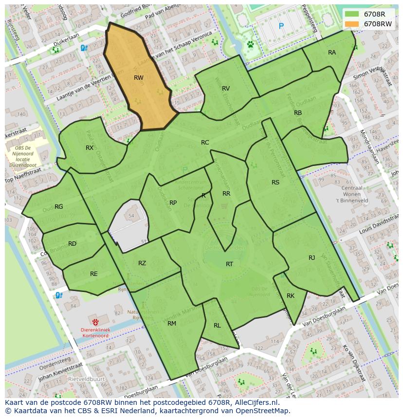 Afbeelding van het postcodegebied 6708 RW op de kaart.
