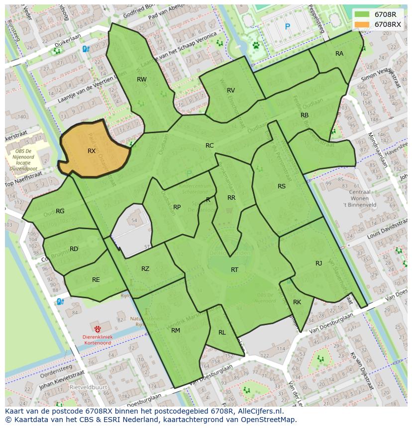 Afbeelding van het postcodegebied 6708 RX op de kaart.