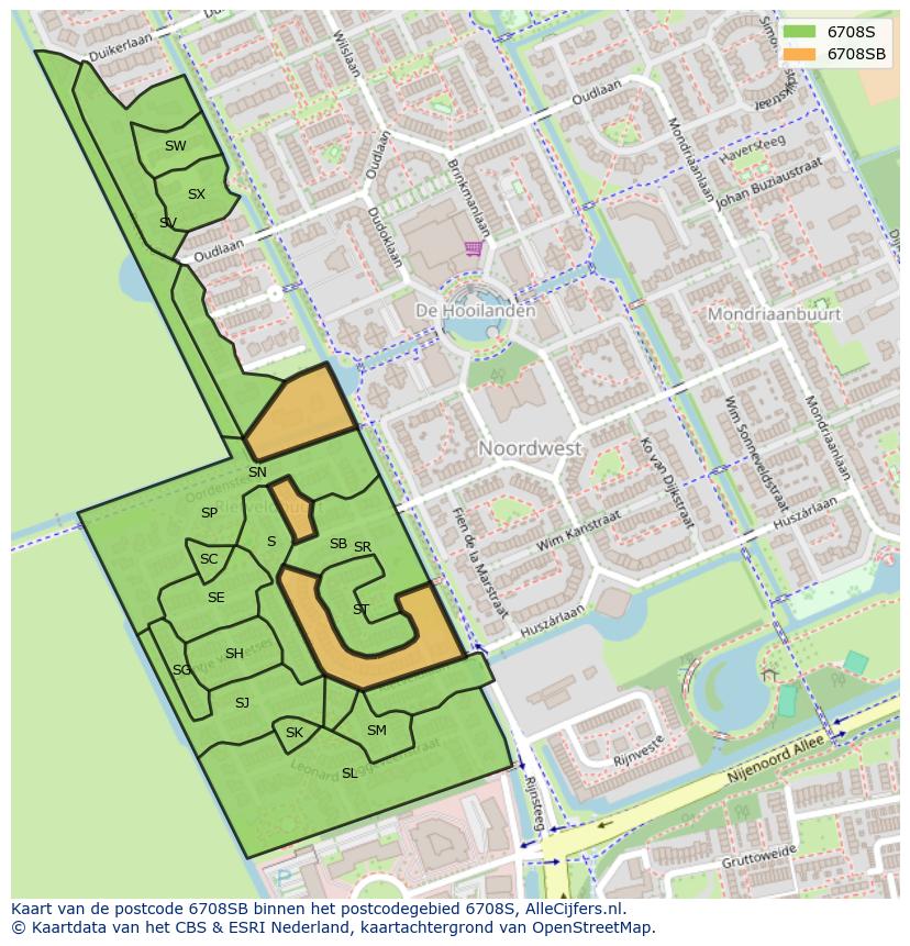 Afbeelding van het postcodegebied 6708 SB op de kaart.