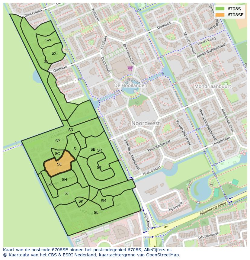 Afbeelding van het postcodegebied 6708 SE op de kaart.
