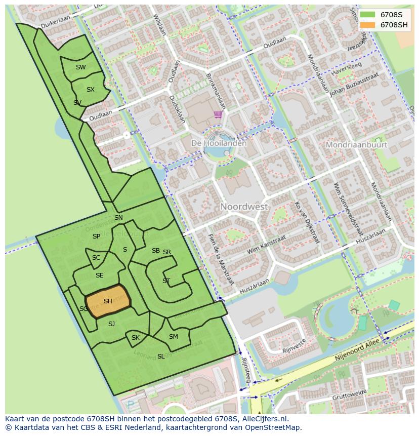 Afbeelding van het postcodegebied 6708 SH op de kaart.