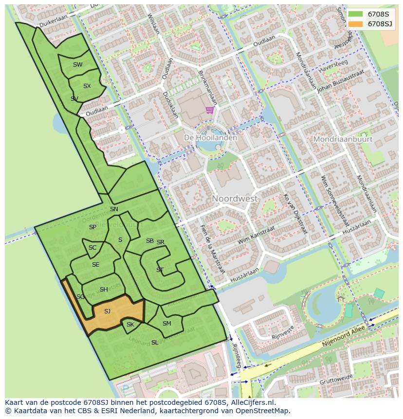 Afbeelding van het postcodegebied 6708 SJ op de kaart.