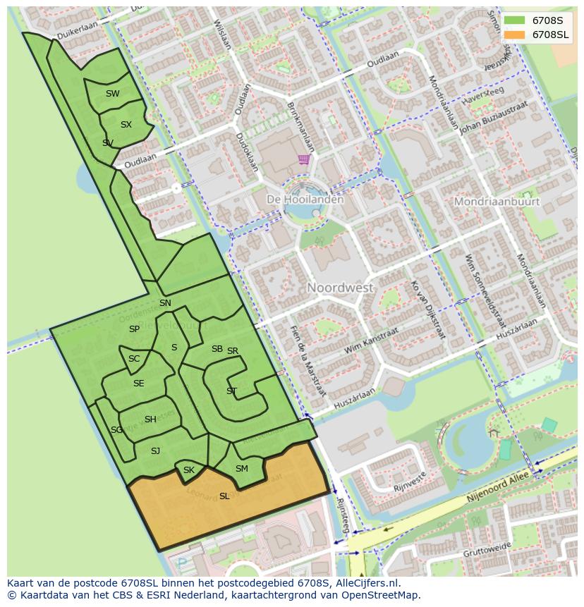 Afbeelding van het postcodegebied 6708 SL op de kaart.
