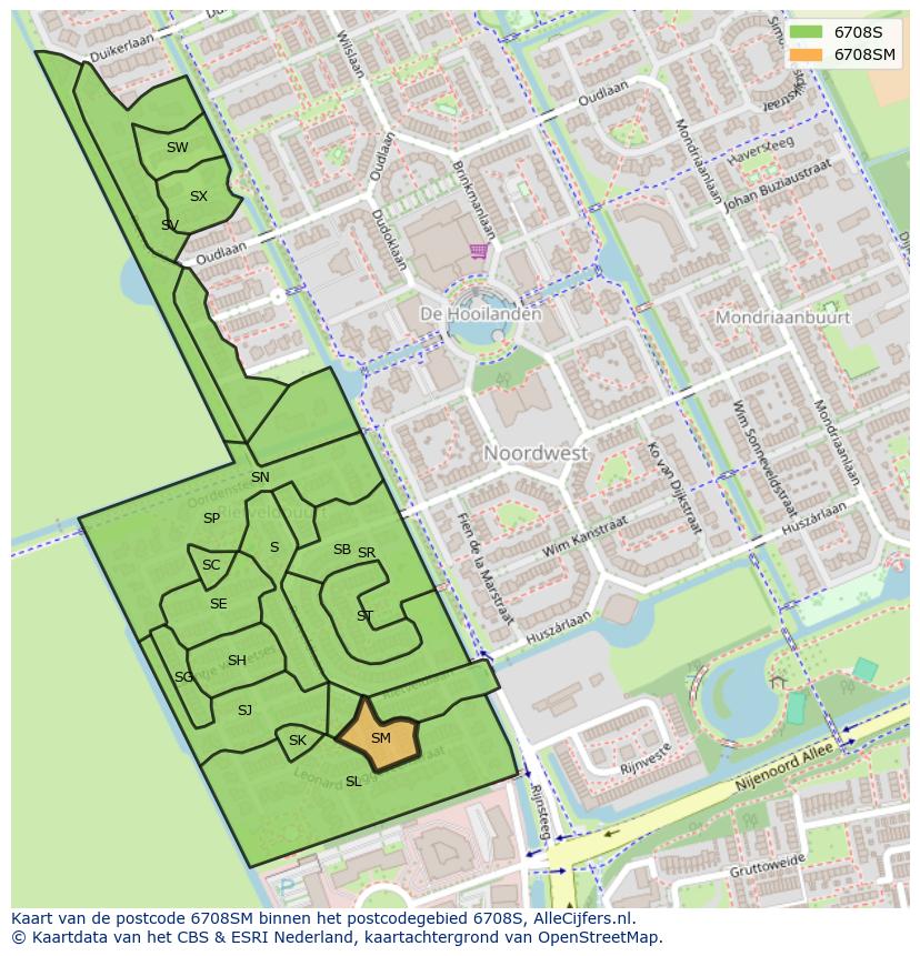 Afbeelding van het postcodegebied 6708 SM op de kaart.