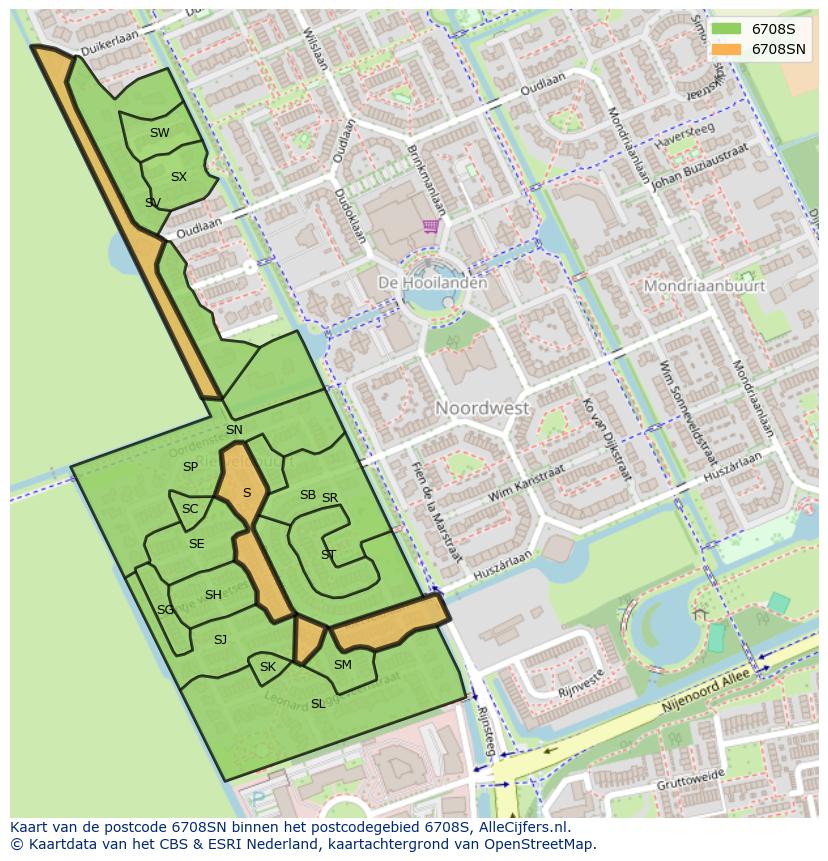 Afbeelding van het postcodegebied 6708 SN op de kaart.