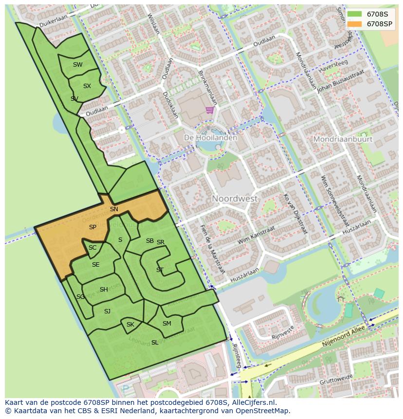 Afbeelding van het postcodegebied 6708 SP op de kaart.