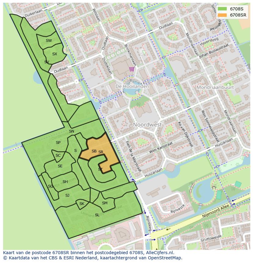 Afbeelding van het postcodegebied 6708 SR op de kaart.