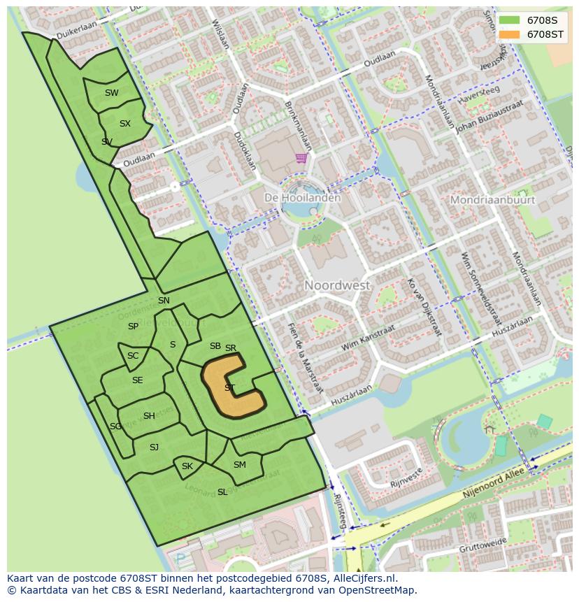 Afbeelding van het postcodegebied 6708 ST op de kaart.