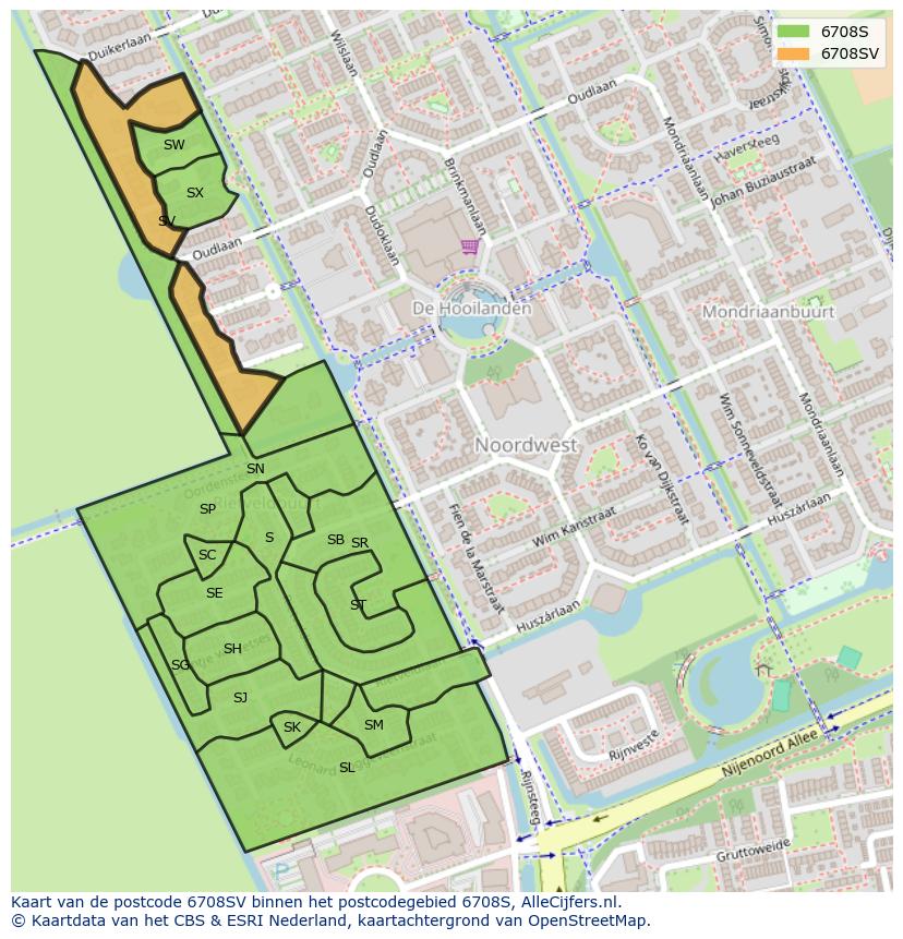 Afbeelding van het postcodegebied 6708 SV op de kaart.