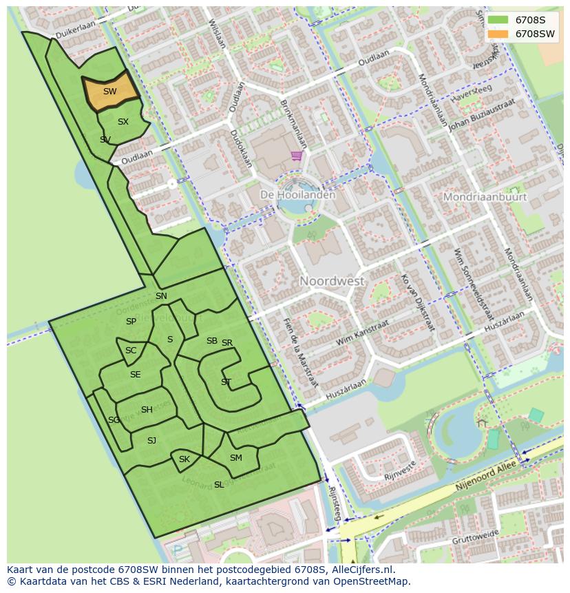 Afbeelding van het postcodegebied 6708 SW op de kaart.