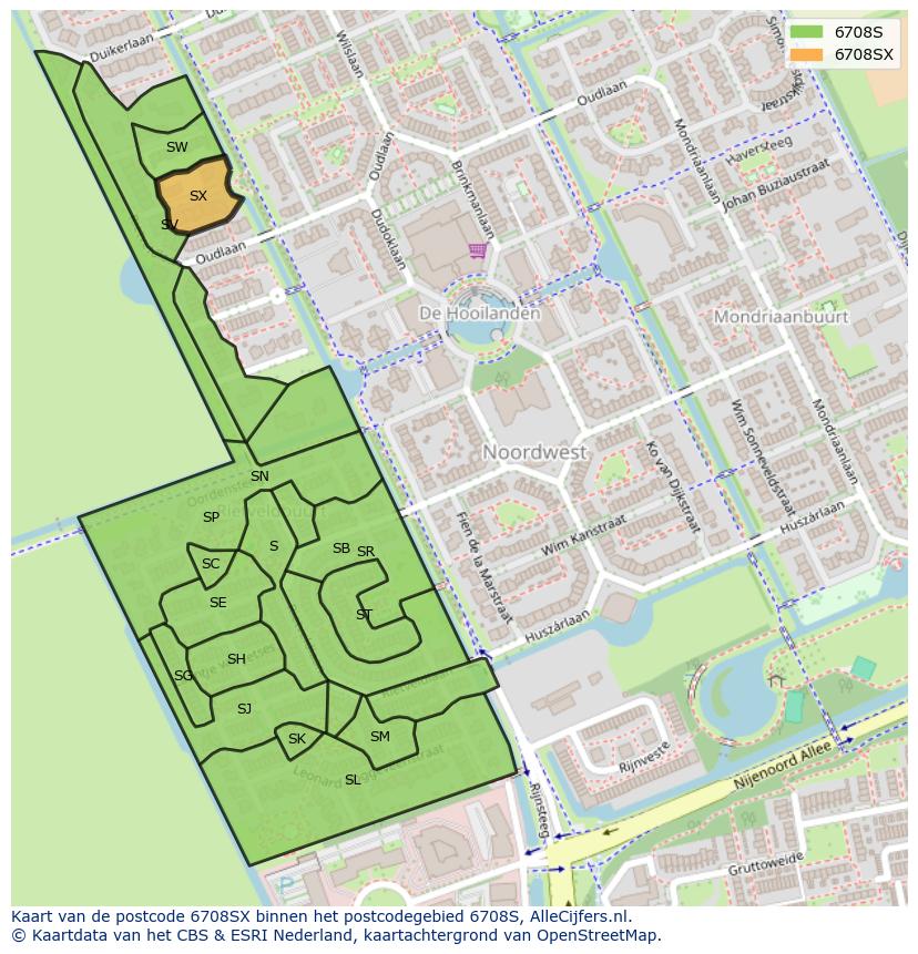 Afbeelding van het postcodegebied 6708 SX op de kaart.