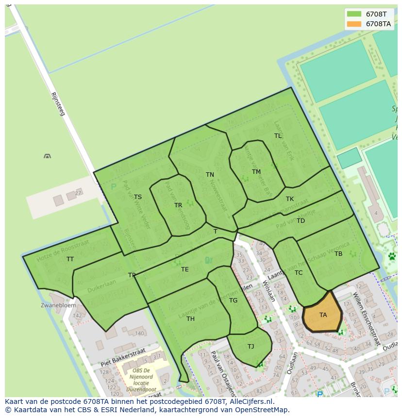 Afbeelding van het postcodegebied 6708 TA op de kaart.
