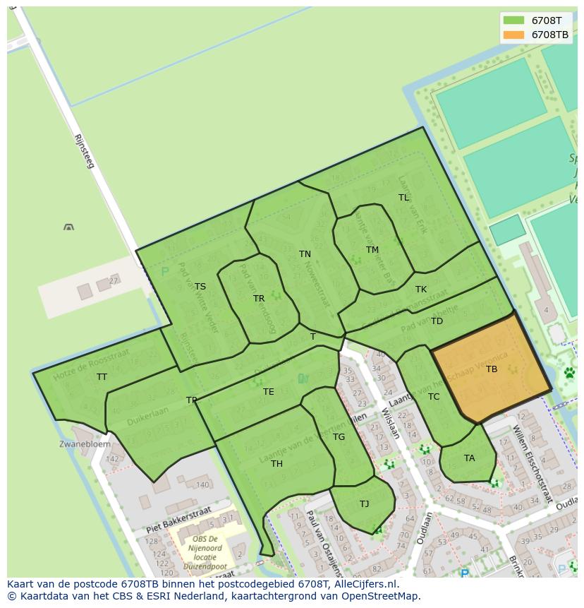 Afbeelding van het postcodegebied 6708 TB op de kaart.