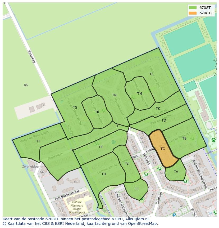 Afbeelding van het postcodegebied 6708 TC op de kaart.