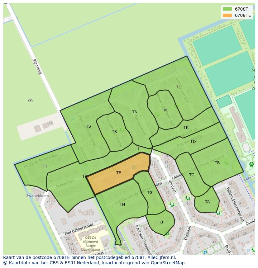 Afbeelding van het postcodegebied 6708 TE op de kaart.