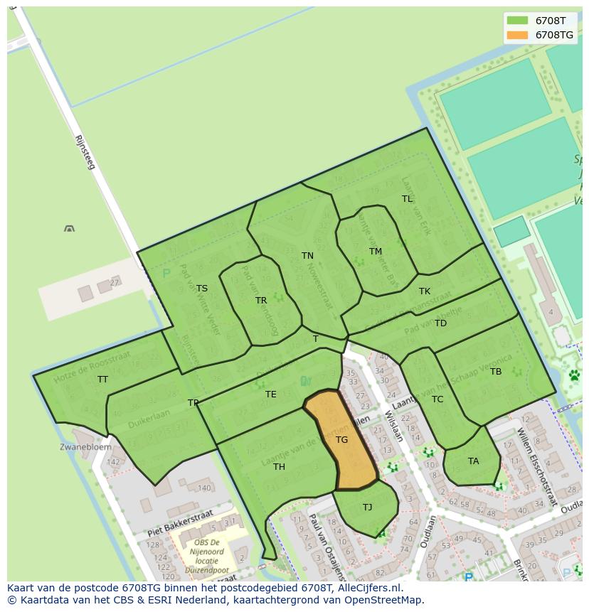 Afbeelding van het postcodegebied 6708 TG op de kaart.
