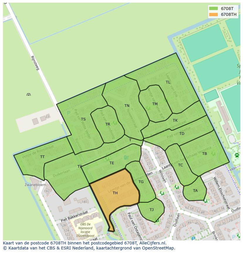 Afbeelding van het postcodegebied 6708 TH op de kaart.