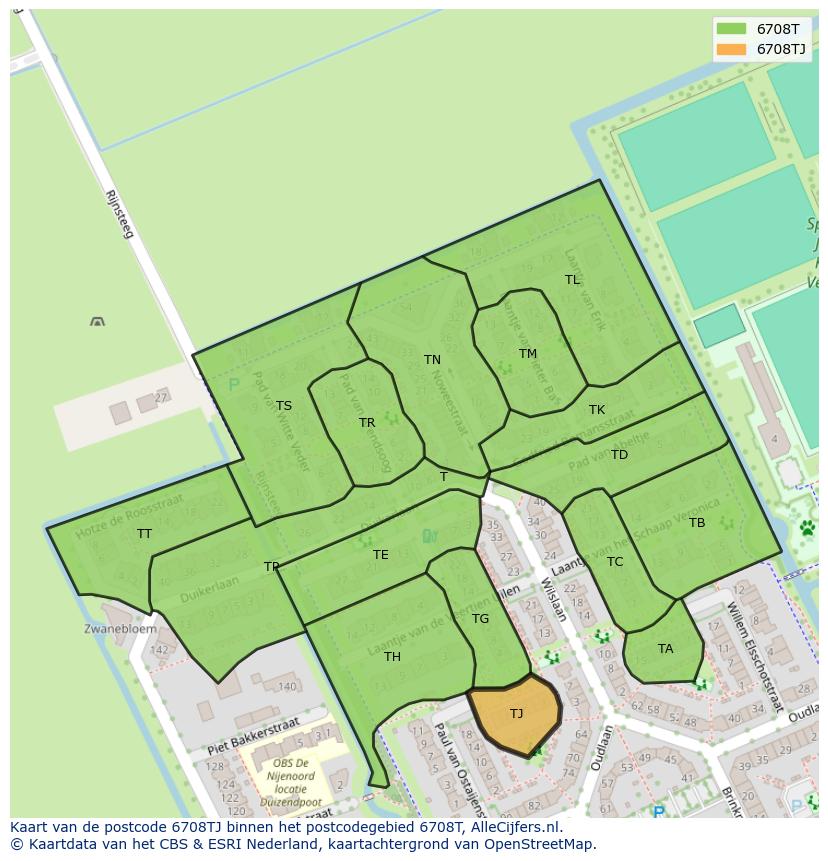 Afbeelding van het postcodegebied 6708 TJ op de kaart.