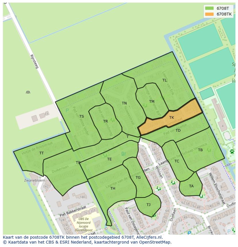 Afbeelding van het postcodegebied 6708 TK op de kaart.