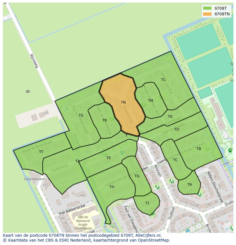 Afbeelding van het postcodegebied 6708 TN op de kaart.