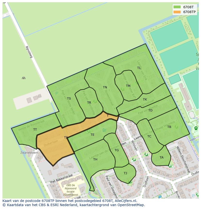 Afbeelding van het postcodegebied 6708 TP op de kaart.