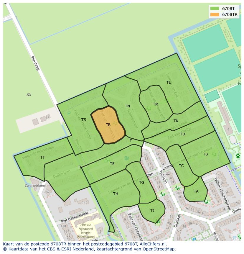 Afbeelding van het postcodegebied 6708 TR op de kaart.
