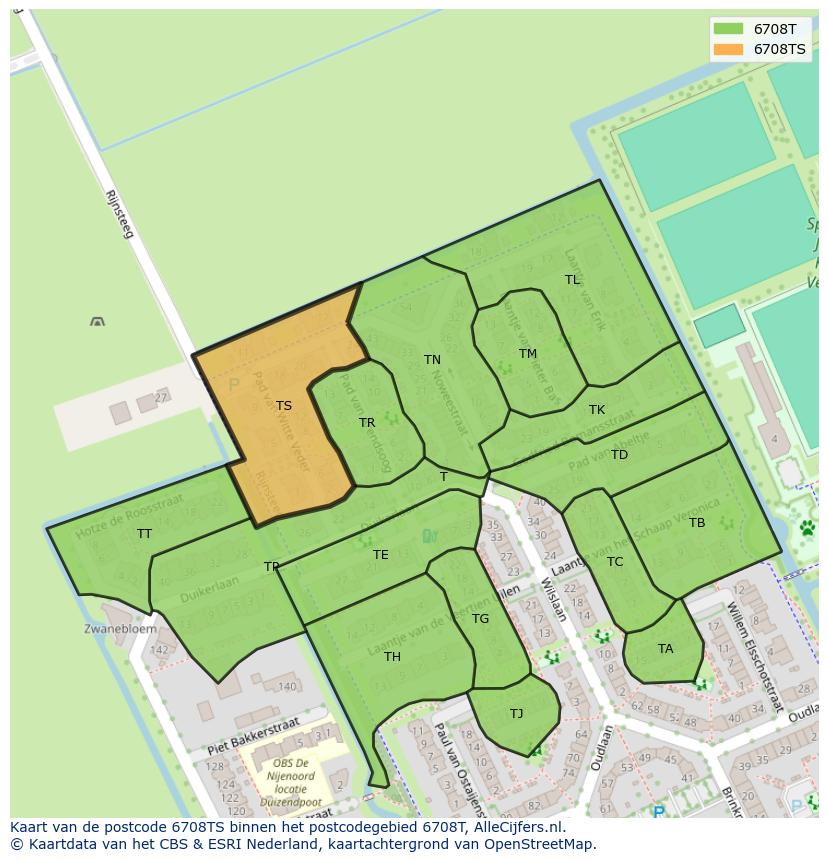 Afbeelding van het postcodegebied 6708 TS op de kaart.