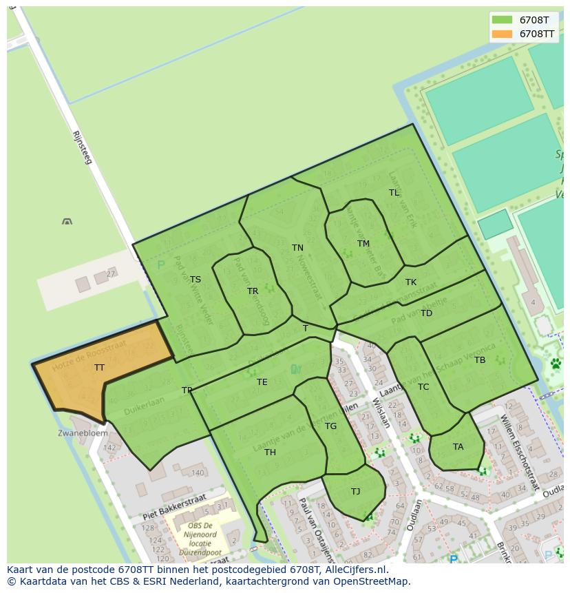Afbeelding van het postcodegebied 6708 TT op de kaart.