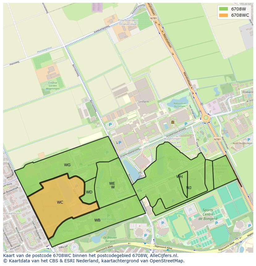 Afbeelding van het postcodegebied 6708 WC op de kaart.